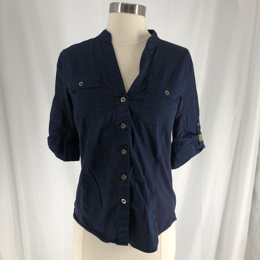 Anne Klein Navy Roll Tab Sleeve  Button-Up Women Small